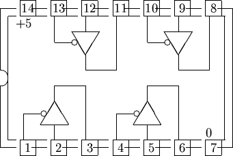 \begin{picture}% latex2html id marker 1598(15,10)%% outline of 14 pin chip%... ...,0){2}{\line(1,0){1.1}}\multiput(4.8,7.3)(6,0){2}{\circle{0.35}}%\end{picture}