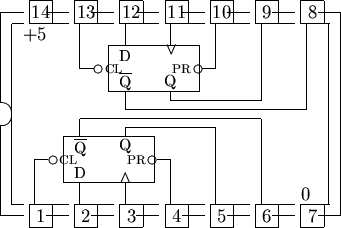 \begin{picture}% latex2html id marker 1777(15,10)%% outline of 14 pin chip%... ...}}\put(7.5,5.6){\line(1,0){4.0}}\put(11.5,5.6){\line(0,1){3.4}}%\end{picture}