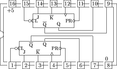 \begin{picture}% latex2html id marker 1862(17,10)%% outline of 16 pin chip%... ...}}\put(8.5,5.6){\line(1,0){5.0}}\put(13.5,5.6){\line(0,1){3.4}}%\end{picture}
